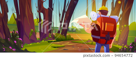 Tourist stand at wood landscape looking in map Tourist stand at wood landscape looking in map 94654772