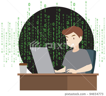 A man using laptop with binary code A man using laptop with binary code 94654773