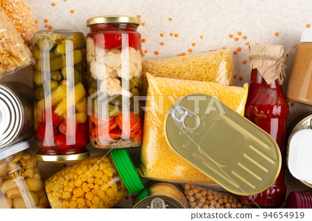 Emergency groceries food background with copyspace Emergency groceries food background with copyspace 94654919
