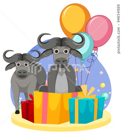 Two cute buffalo with gift boxes and balloons Two cute buffalo with gift boxes and balloons 94654989