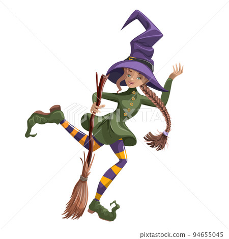 Vector image of a young witch with a broom.Halloween. Cartoon style. Isolated on white background. EPS 10 Vector image of a young witch with a broom.Halloween. Cartoon style. Isolated on white background. EPS 10 94655045