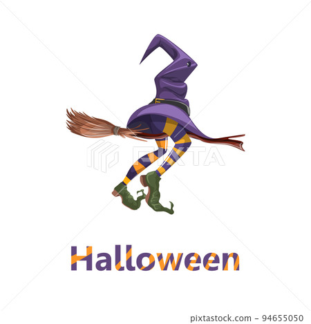 Vector image of a witch's hat and legs sticking out from under it. Halloween. Cartoon style. Isolated on white background. EPS 10 94655050