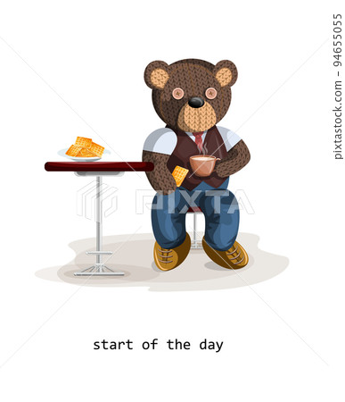 Vector image of a toy bear sitting with a cup and a treat at the table. Concept. Cartoon style. Isolated on white background. EPS 10 Vector image of a toy bear sitting with a cup and a treat at the table. Concept. Cartoon style. Isolated on white background. EPS 10 94655055