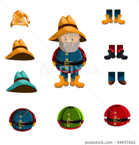A vector image of a middle-aged man with a beard and a wide-brimmed hat, with a reference to the owner of the ranch or estate, and the elements of which it is composed and similar variants. Isolated o A vector image of a middle-aged man with a beard and a wide-brimmed hat, with a reference to the owner of the ranch or estate, and the elements of which it is composed and similar variants. Isolated o 94655082