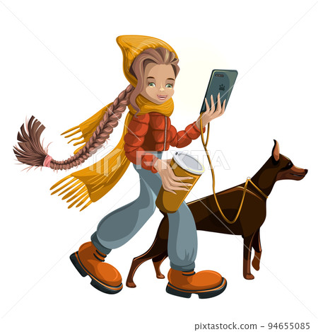 Vector image of a girl who is passionate about the phone and coffee, and walking the dog. Isolated on white background. EPS 10 94655085