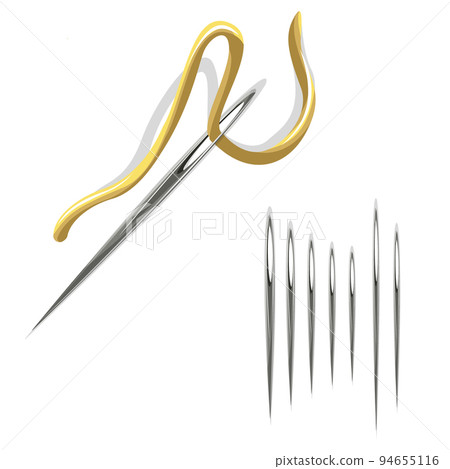 Vector image of a sewing needle with a thread in the eye and a set of needles of various sizes. Concept. EPS 10 94655116