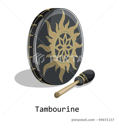 Vector image of a standing tambourine with a mallet lying next to it, isolated on a white background. In cartoon style. EPS 10 94655137
