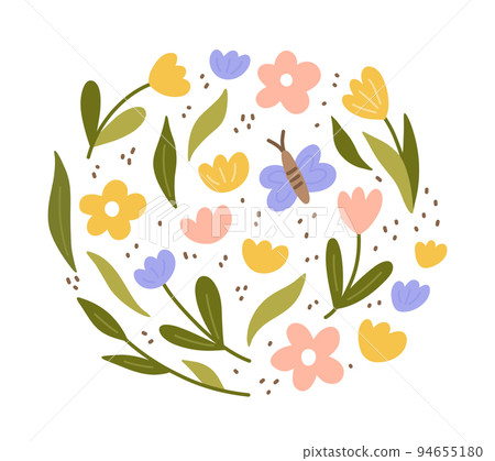 Cute color doodle flowers, leaves and butterfly 94655180