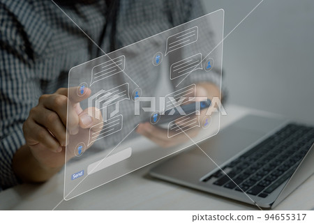 AI Chatbot service smart digital customer service.Artificial intelligence and service automation technology concept.man chatting with chatbot via application with speech bubble on virtual screen. 94655317