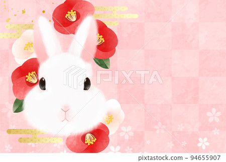 Pink cute 2023 New Year's card illustration of rabbit and camellia flower Pink cute 2023 New Year's card illustration of rabbit and camellia flower 94655907