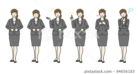 A set of women in suits in various poses to guide Simple touch 94656183