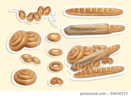 Vector image of stickers of white bread and other flour products. Cartoon style. Isolated on a white background. EPS 10 94656573