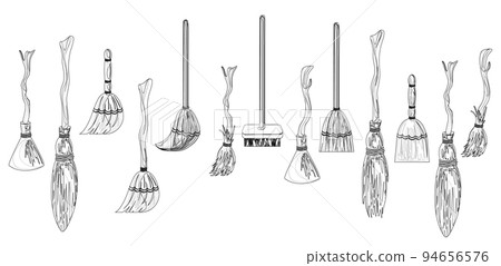 Vector image of a set of stylized brooms in outline style isolated on white background. EPS 10 Vector image of a set of stylized brooms in outline style isolated on white background. EPS 10 94656576