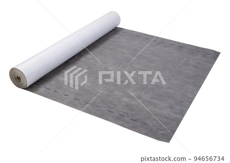 a roll of gray waterproof fabric for roof sealing, half deployed, roofing materials, on a white background 94656734