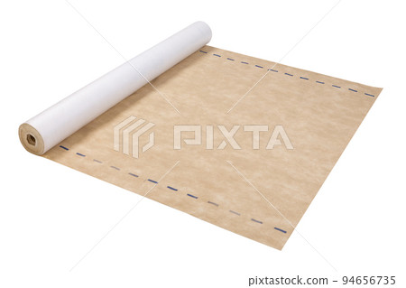 a roll of beige waterproof fabric for roof sealing, half unfolded, on a white background 94656735