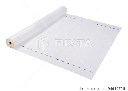 a large roll of white waterproof fabric for roof sealing, half deployed, roofing materials, isolate a large roll of white waterproof fabric for roof sealing, half deployed, roofing materials, isolate 94656736