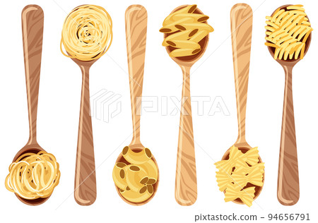Set of different pastas on spoons 94656791