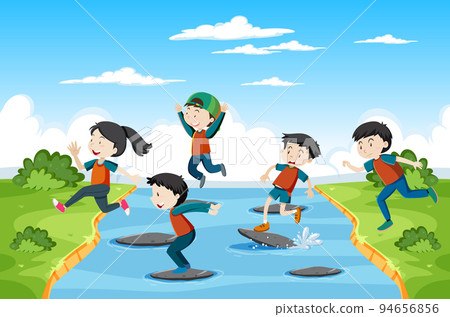 Kids playing red light green light game Kids playing red light green light game 94656856