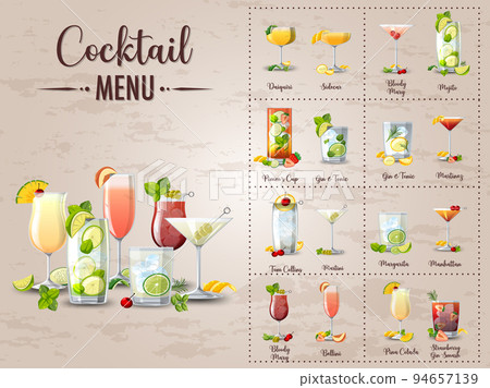 A printed menu of cocktails A printed menu of cocktails 94657139