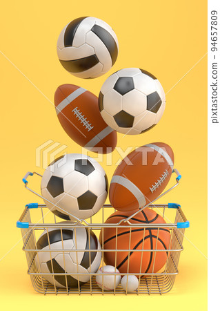 Set of ball like basketball, american football and golf in shopping basket on yellow background. 3d rendering of sport accessories for team playing games Set of ball like basketball, american football and golf in shopping basket on yellow background. 3d rendering of sport accessories for team playing games 94657809