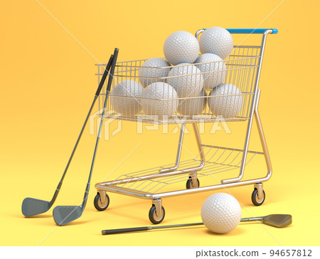 Set of ball like basketball, american football and golf in shopping cart on yellow background. 3d rendering of sport accessories for team playing games Set of ball like basketball, american football and golf in shopping cart on yellow background. 3d rendering of sport accessories for team playing games 94657812