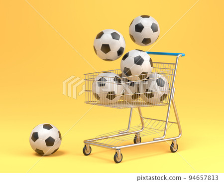 Set of ball like basketball, american football and golf in shopping cart on yellow background. 3d rendering of sport accessories for team playing games Set of ball like basketball, american football and golf in shopping cart on yellow background. 3d rendering of sport accessories for team playing games 94657813
