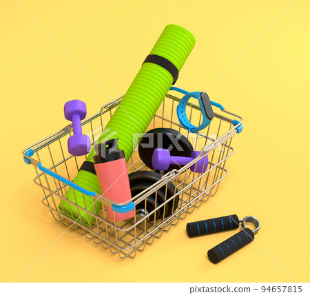 Sport equipment for fitness, gym, crossfit in shopping basket on yellow background. 3d render of power lifting and fitness concept Sport equipment for fitness, gym, crossfit in shopping basket on yellow background. 3d render of power lifting and fitness concept 94657815