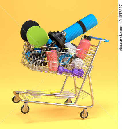 Sport equipment for fitness, gym, crossfit in shopping cart on yellow background. 3d render of power lifting and fitness concept Sport equipment for fitness, gym, crossfit in shopping cart on yellow background. 3d render of power lifting and fitness concept 94657817