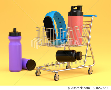 Sport equipment like sport shaker for protein drink in shopping cart on yellow background. 3d render of power lifting and fitness concept 94657835