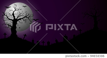 Halloween background. The full moon and bats on a violet background. Night sky.Halloween design. Vector illustration 94658386