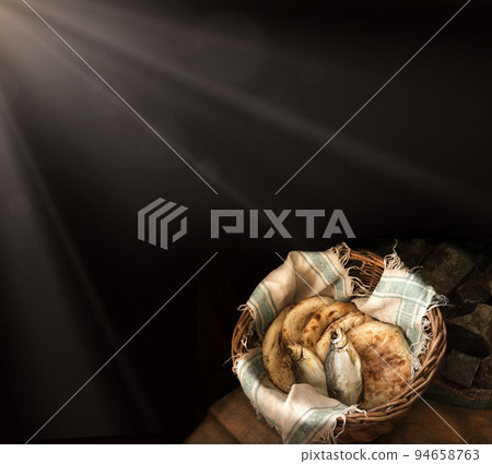 Five loaves and two fish in a basket Five loaves and two fish in a basket 94658763