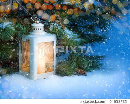 Glowing lantern under fir tree in the forest Glowing lantern under fir tree in the forest 94658785