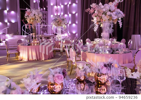 Decorated served tables for wedding party or other formal dinner 94659236