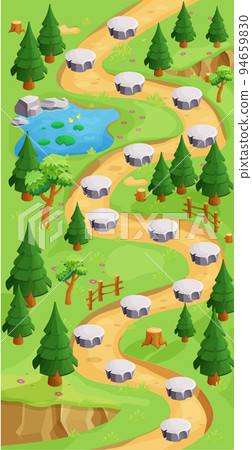 Game map forest gui background, template in cartoon style, casual isometric view. Decorated with stones, trees, pond. Game map forest gui background, template in cartoon style, casual isometric view. Decorated with stones, trees, pond. 94659830