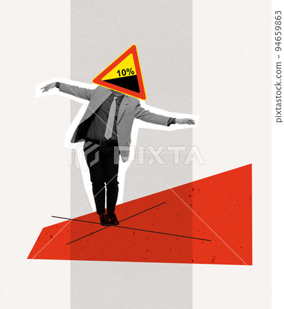 Contemporary art collage. Man with steep hill downwards ahead road sign carefully walking, Attention 94659863