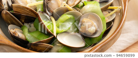 Fried Loofah gourd with Clam, Taiwanese homemade local food. 94659899