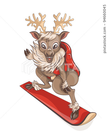vector illustration of a reindeer that rides on the mountain slopes on a snowboard 94660045