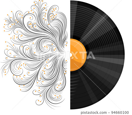 Vector image of a musical record with a pattern or engraving in a realistic style with cartoon elements. EPS 10. Isolated on white background Vector image of a musical record with a pattern or engraving in a realistic style with cartoon elements. EPS 10. Isolated on white background 94660100