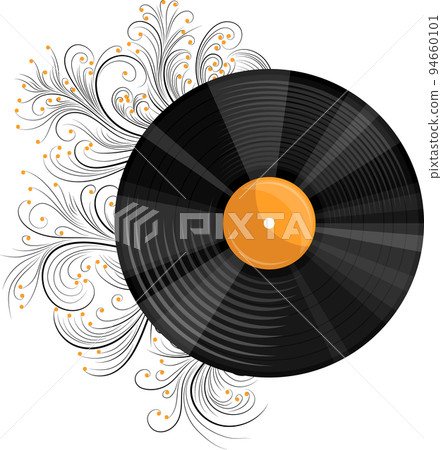 Vector image of a musical record with a pattern or engraving in a realistic style with cartoon elements. EPS 10. Isolated on white background 94660101
