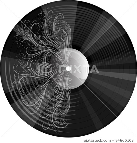 Vector image of a musical record with a pattern or engraving in a realistic style with cartoon elements. EPS 10. Isolated on white background Vector image of a musical record with a pattern or engraving in a realistic style with cartoon elements. EPS 10. Isolated on white background 94660102