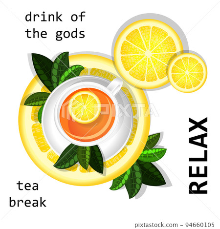 Vector image of a cup and saucer filled with tea with the addition of lemon. To enhance the visuals, the cup is placed on the lemon slice. EPS 10 Vector image of a cup and saucer filled with tea with the addition of lemon. To enhance the visuals, the cup is placed on the lemon slice. EPS 10 94660105