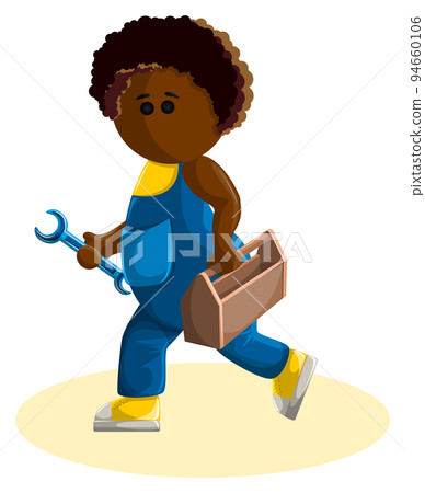 Vector image of a stylized image of a young man in uniform with a monkey wrench. Cartoon style. Isolated over white background. EPS 10 94660106