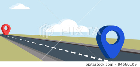 Vector image. An asphalt road marked with a start and end point marked with a red and blue mark. In a cartoon style. EPS 10 Vector image. An asphalt road marked with a start and end point marked with a red and blue mark. In a cartoon style. EPS 10 94660109