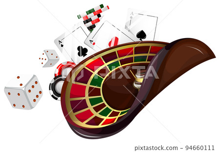 Vector conceptual image for a gambling establishment. Playing cards, poker chips, roulette seem to float in zero gravity. Poker gambling mobile app icon. EPS 10 Vector conceptual image for a gambling establishment. Playing cards, poker chips, roulette seem to float in zero gravity. Poker gambling mobile app icon. EPS 10 94660111