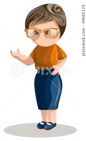 A vector image of a stylized image of a young woman wearing glasses, whose appearance indicates her serious attitude, possibly in the field of education. Cartoon style. Isolated over white background. 94660128