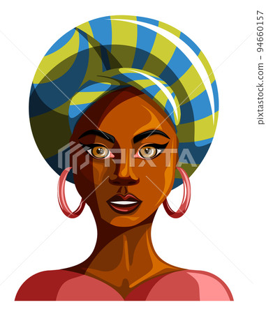 Vector image of a dark-skinned girl in a turban in full face isolated on a white background. EPS 10 94660157