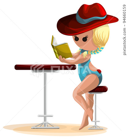 Vector image of Madame in a hat and bikini at a table. Book reading. EPS 10. Isolated on white background 94660159