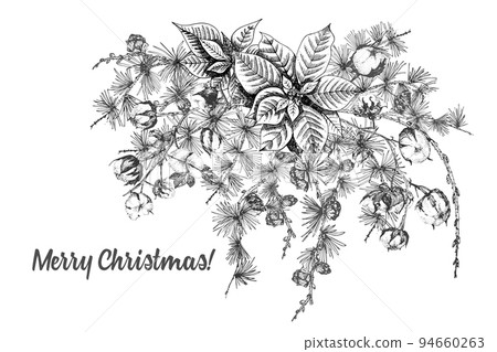 Hand drawn botanical sketch garland with christmas plants branches. Vintage style. Traditional holiday decoration. For design festive card, invitation, poster, banner. Vector illustration 94660263