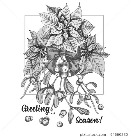 Hand drawn botanical sketch garland with christmas plants Vintage engraving black and white style illustration Traditional holiday decoration. 94660280