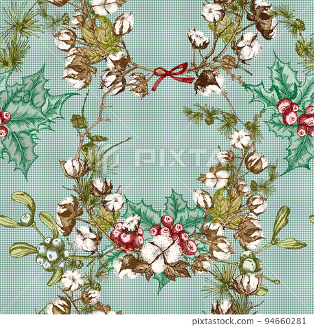 Hand drawn botanical sketch garland with color christmas plants Vintage engraving black and white style illustration Seamless holiday pattern 94660281